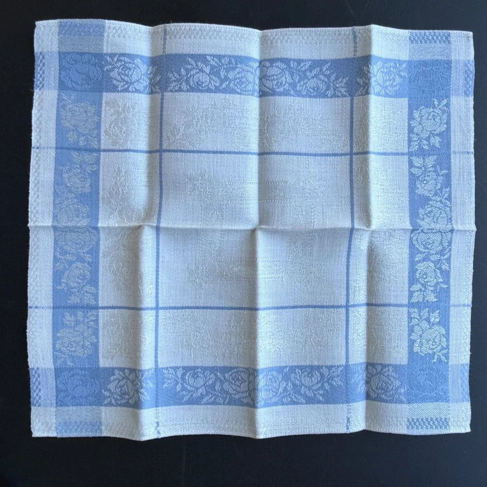Vintage Blue and White Damask Floral Cloth Napkins Set of 4 Rose Checkered 15in